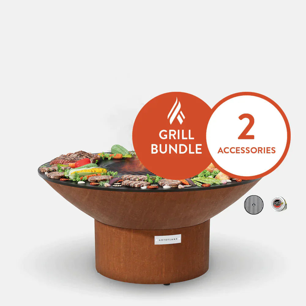 Arteflame Classic 40" Grill with a Low Round Base Starter Bundle With 2 Grilling Accessories.